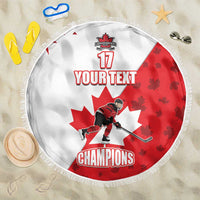 Circular red and white hockey champions beach blanket with tassel fringe and 'YOUR TEXT'