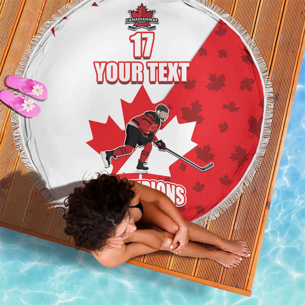 Circular red and white hockey champions beach blanket with tassel fringe, 'YOUR TEXT'