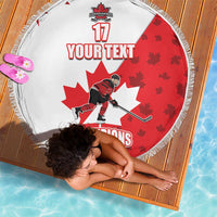 Circular red and white hockey champions beach blanket with tassel fringe, 'YOUR TEXT'