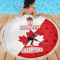 Circular red and white hockey champions beach blanket with tassel fringe and 'YOUR TEXT'
