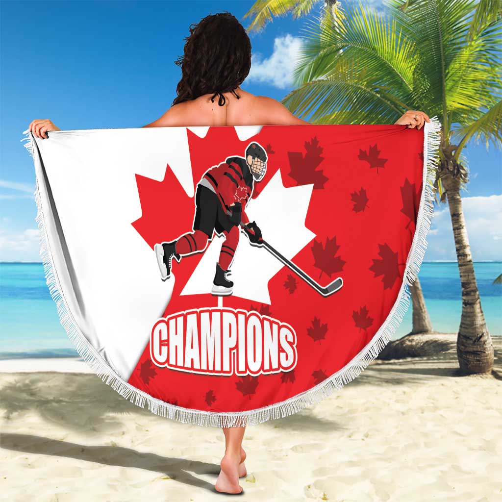 Circular red and white hockey champions beach blanket with tassel fringe, 'YOUR TEXT'