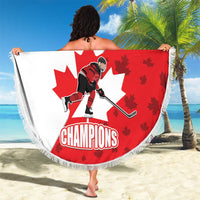 Circular red and white hockey champions beach blanket with tassel fringe, 'YOUR TEXT'
