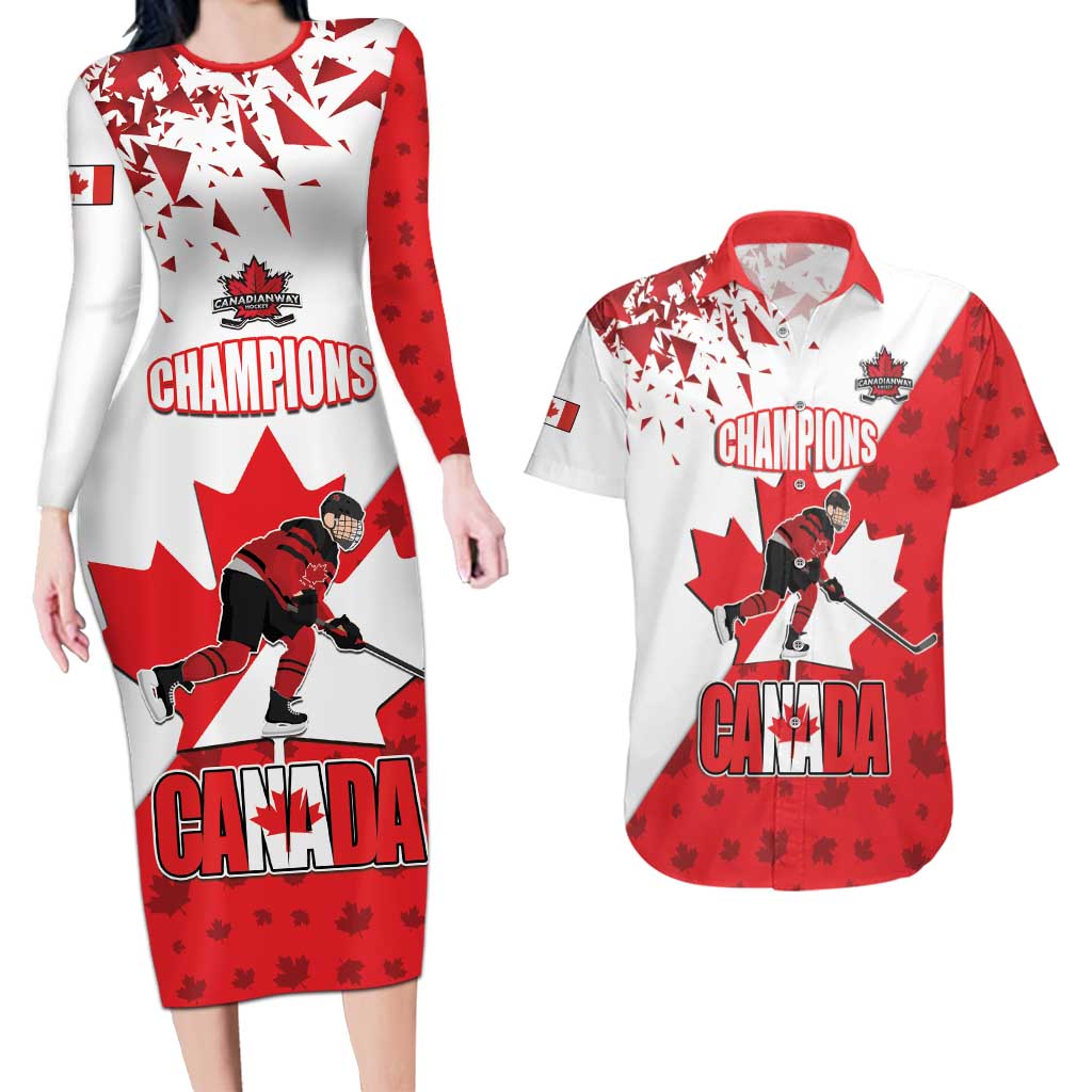 Custom Canada Ice Hockey Champions Forever Couples Matching Long Sleeve Bodycon Dress and Hawaiian Shirt Sporty Style