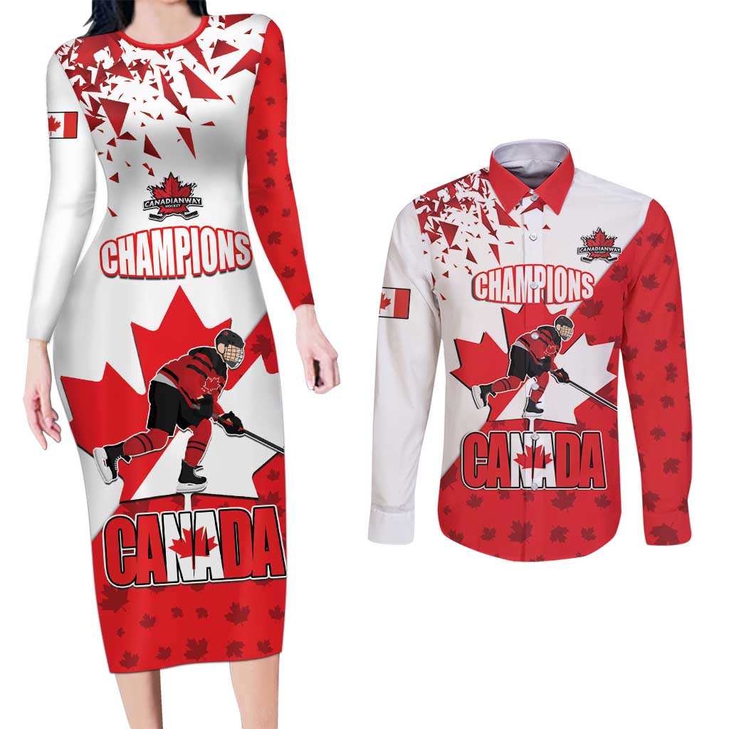 Custom Canada Ice Hockey Champions Forever Couples Matching Long Sleeve Bodycon Dress and Long Sleeve Button Shirt Sporty Style