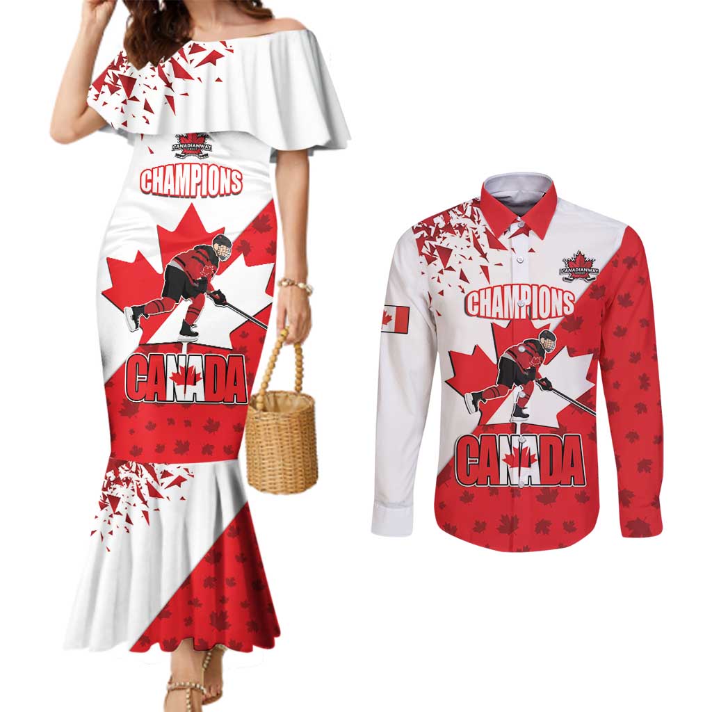 Custom Canada Ice Hockey Champions Forever Couples Matching Mermaid Dress and Long Sleeve Button Shirt Sporty Style