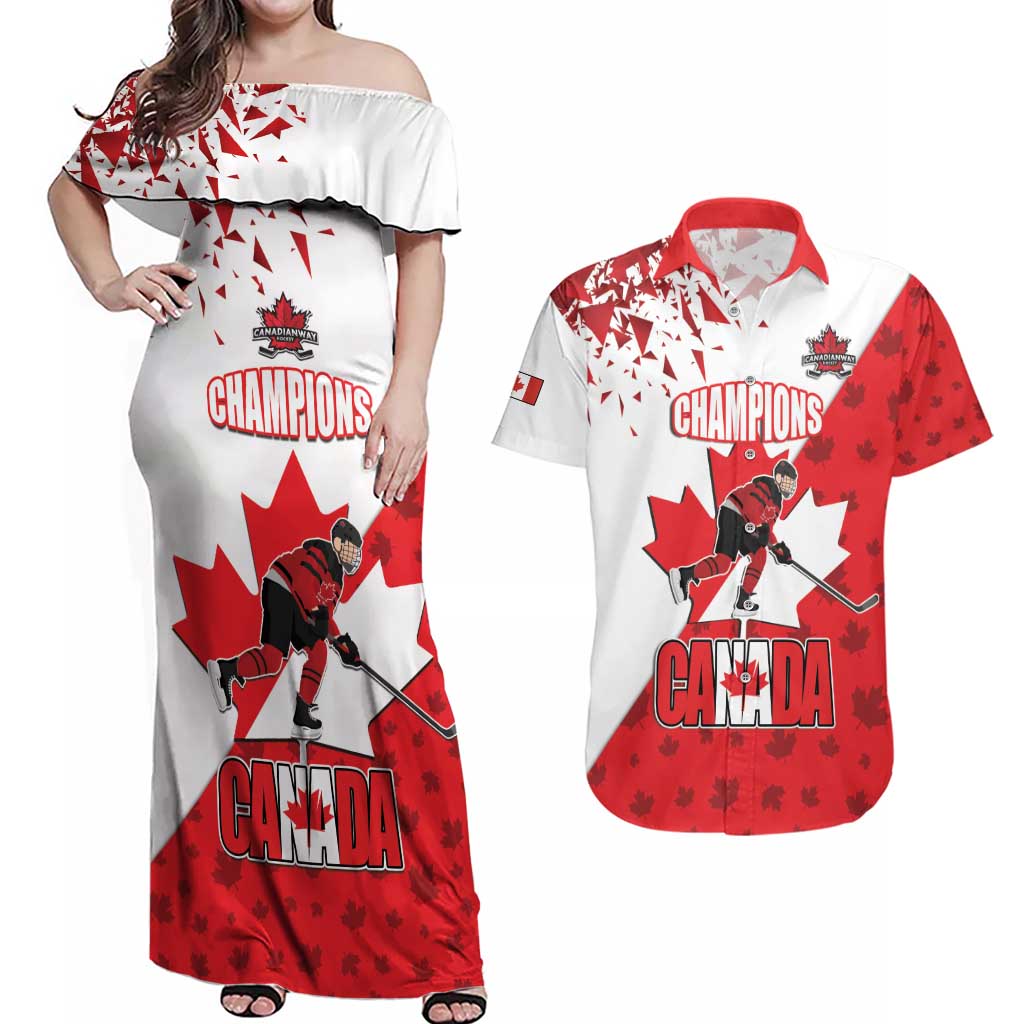 Custom Canada Ice Hockey Champions Forever Couples Matching Off Shoulder Maxi Dress and Hawaiian Shirt Sporty Style