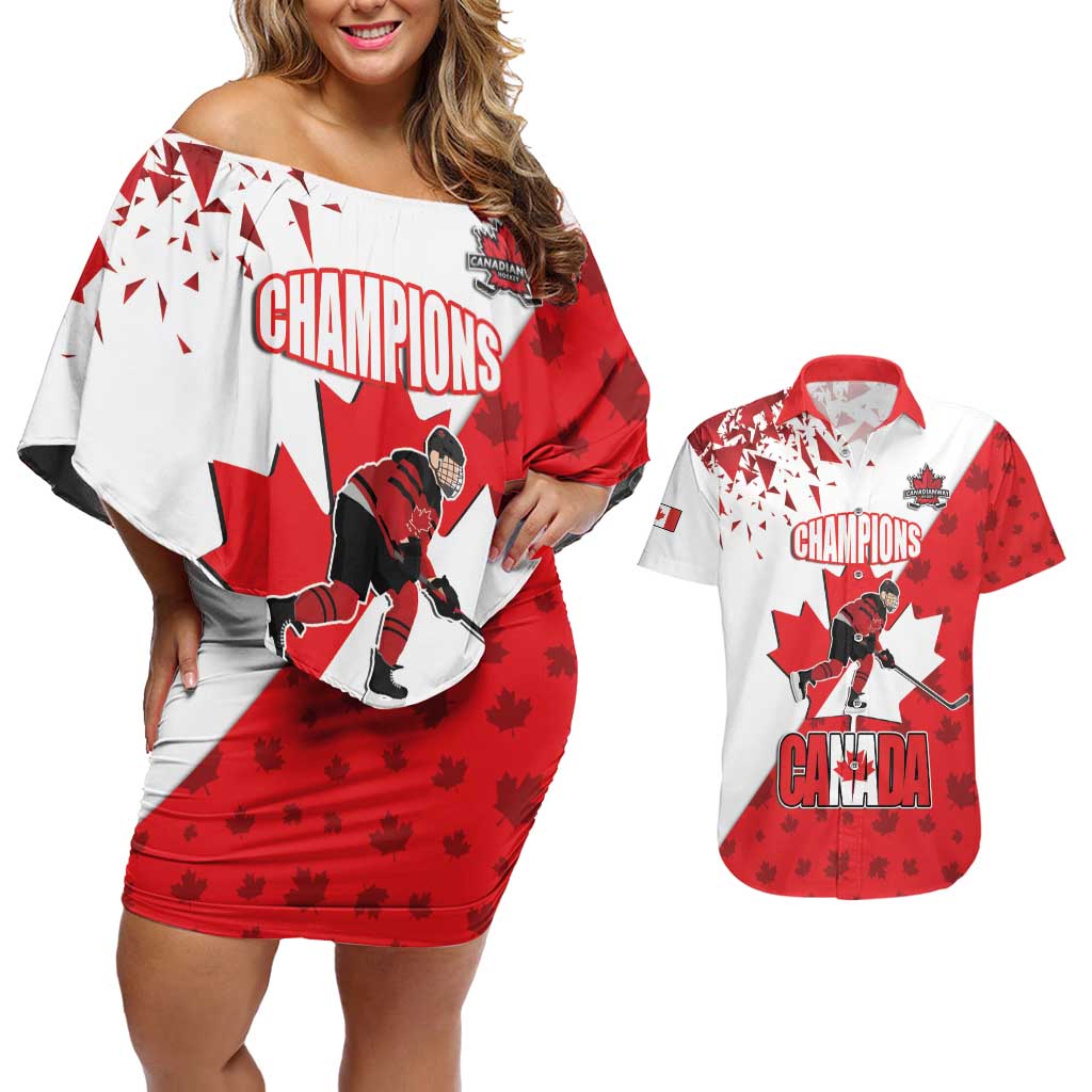 Custom Canada Ice Hockey Champions Forever Couples Matching Off Shoulder Short Dress and Hawaiian Shirt Sporty Style