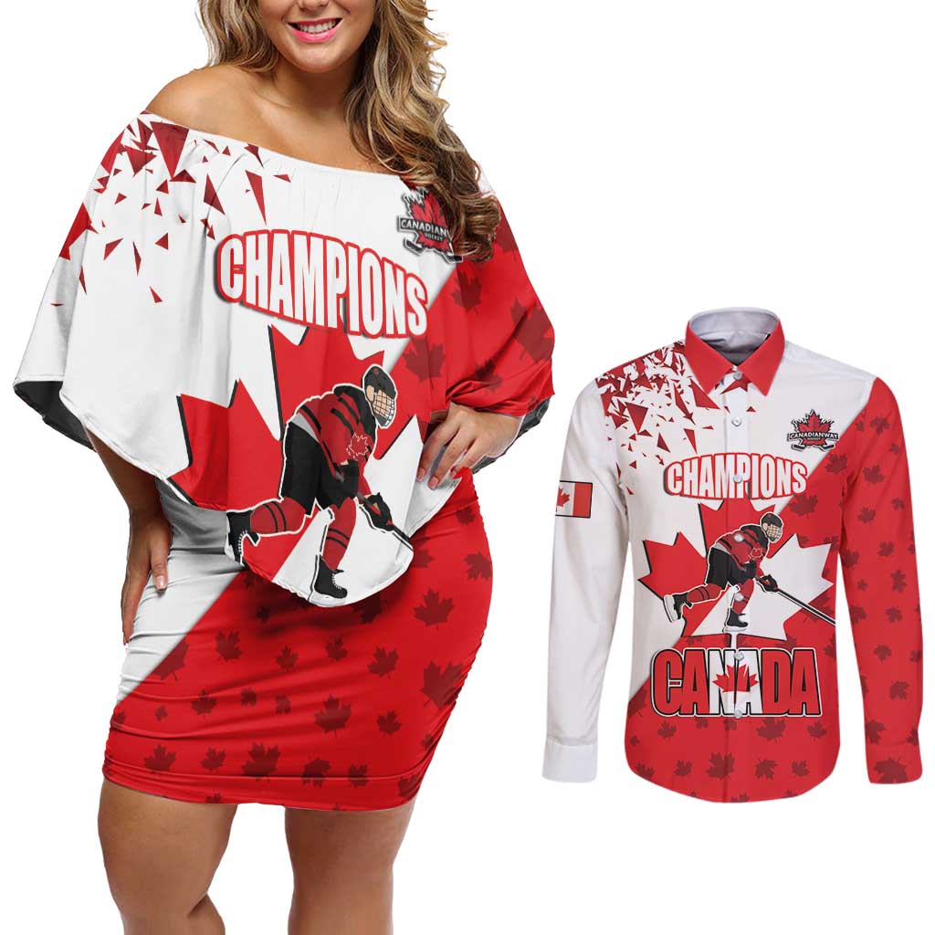 Custom Canada Ice Hockey Champions Forever Couples Matching Off Shoulder Short Dress and Long Sleeve Button Shirt Sporty Style