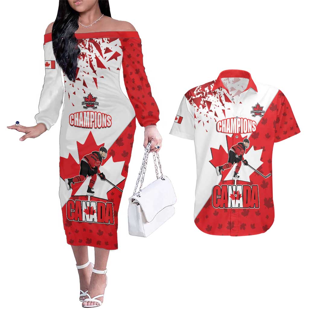 Custom Canada Ice Hockey Champions Forever Couples Matching Off The Shoulder Long Sleeve Dress and Hawaiian Shirt Sporty Style