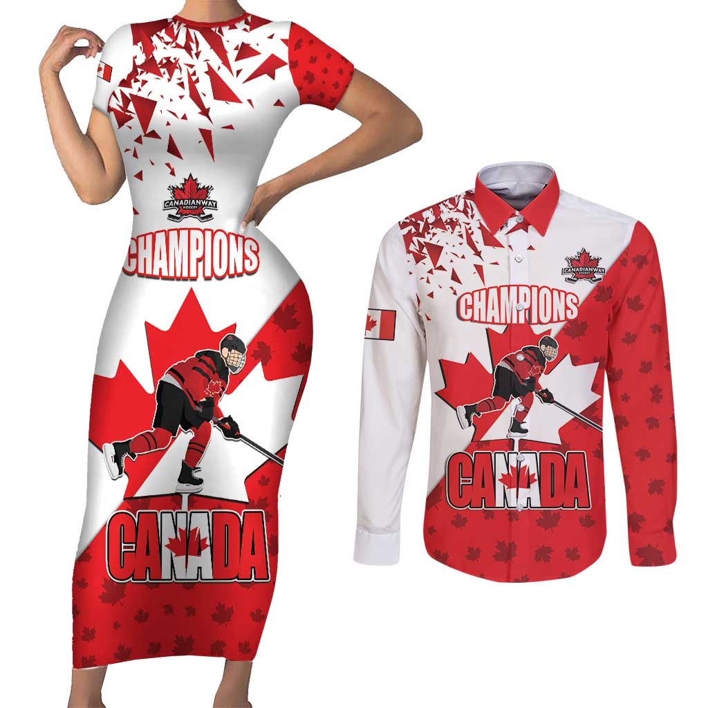 Custom Canada Ice Hockey Champions Forever Couples Matching Short Sleeve Bodycon Dress and Long Sleeve Button Shirt Sporty Style