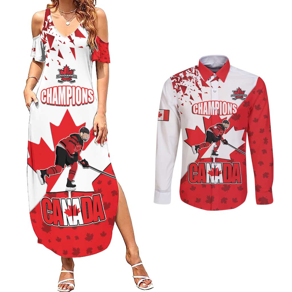 Custom Canada Ice Hockey Champions Forever Couples Matching Summer Maxi Dress and Long Sleeve Button Shirt Sporty Style