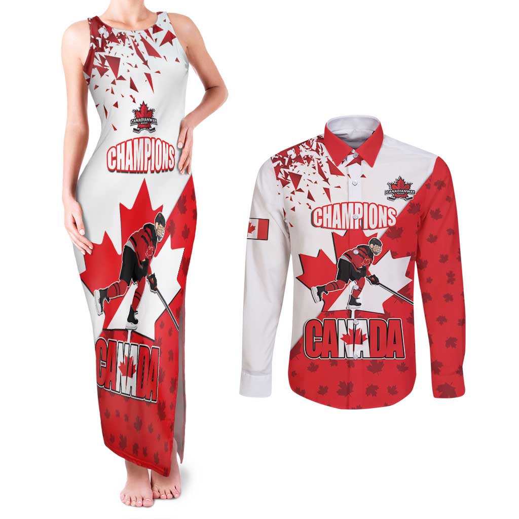 Custom Canada Ice Hockey Champions Forever Couples Matching Tank Maxi Dress and Long Sleeve Button Shirt Sporty Style