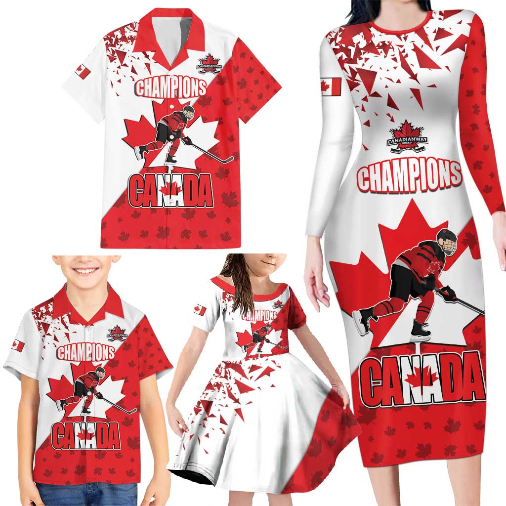 Custom Canada Ice Hockey Champions Forever Family Matching Long Sleeve Bodycon Dress and Hawaiian Shirt Sporty Style