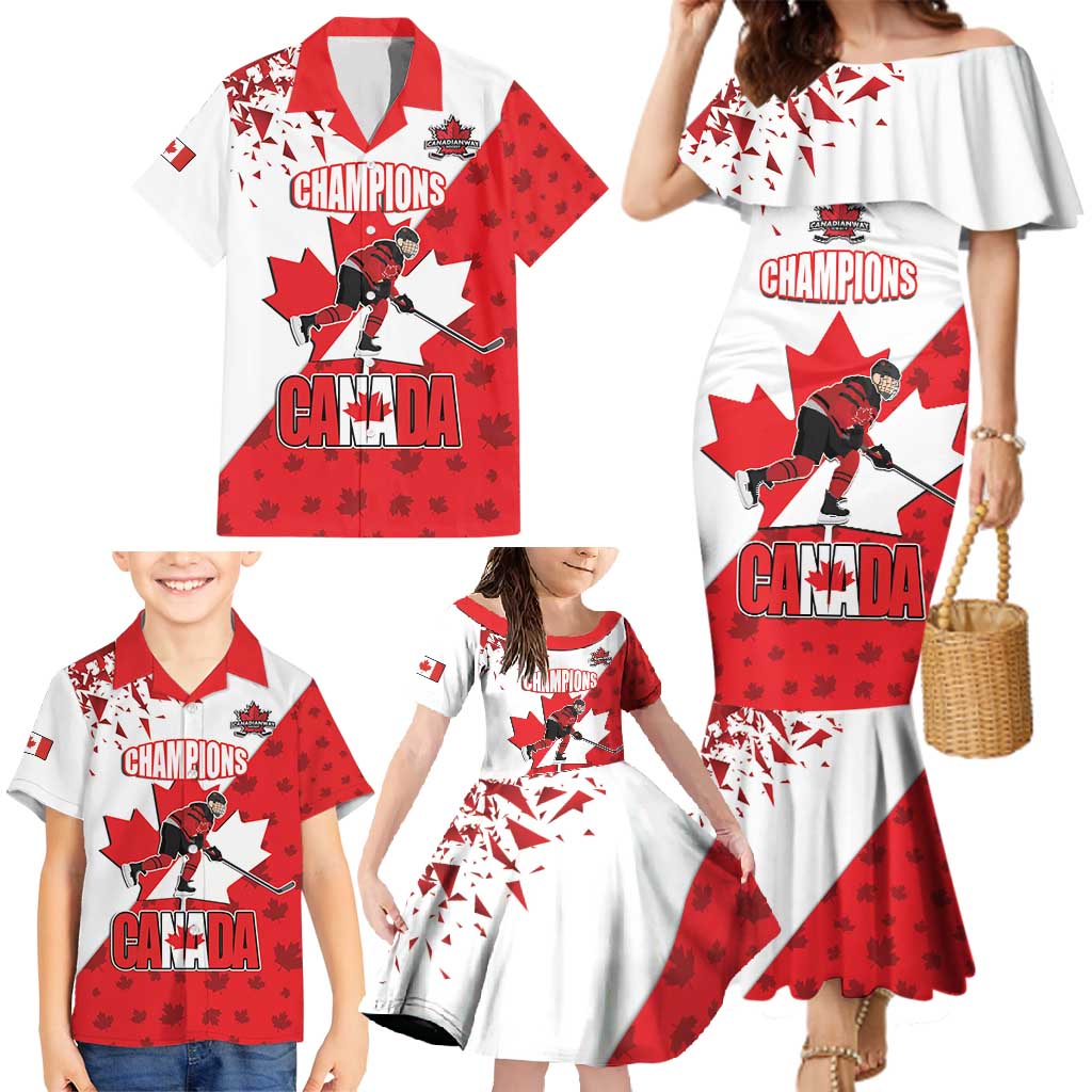 Custom Canada Ice Hockey Champions Forever Family Matching Mermaid Dress and Hawaiian Shirt Sporty Style