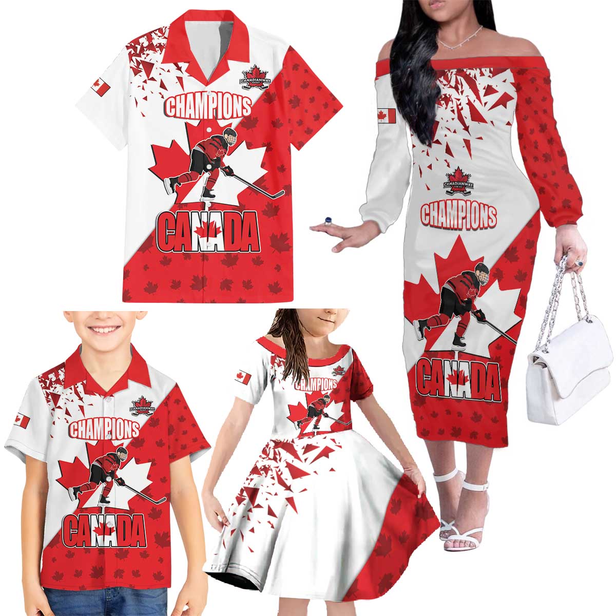 Custom Canada Ice Hockey Champions Forever Family Matching Off The Shoulder Long Sleeve Dress and Hawaiian Shirt Sporty Style