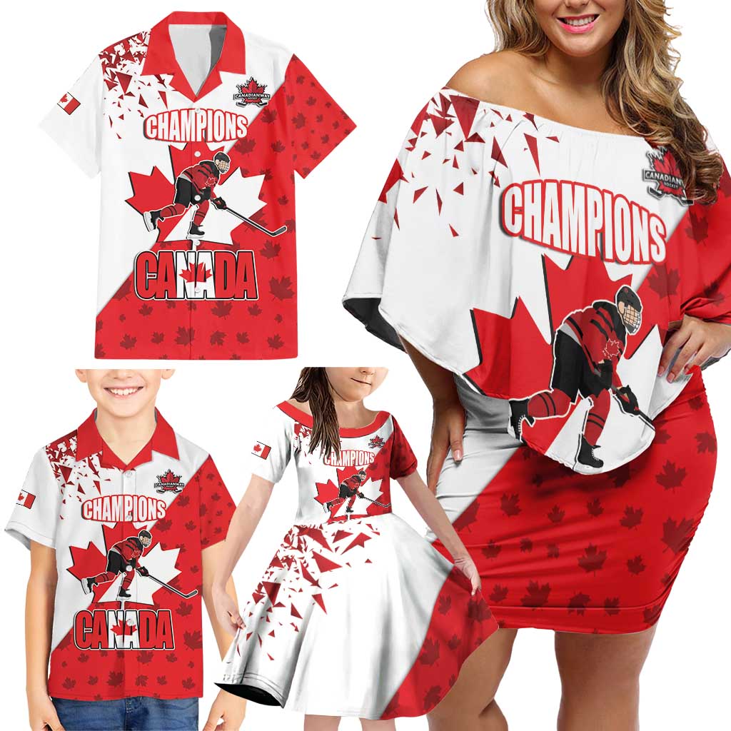 Custom Canada Ice Hockey Champions Forever Family Matching Off Shoulder Short Dress and Hawaiian Shirt Sporty Style