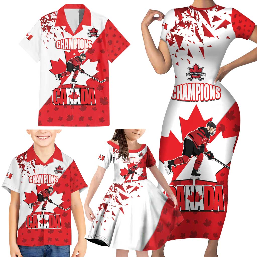 Custom Canada Ice Hockey Champions Forever Family Matching Short Sleeve Bodycon Dress and Hawaiian Shirt Sporty Style