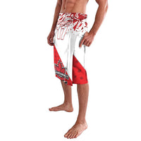 Hockey-themed sport shorts, red and white angular graphics with number 17 and crest logo