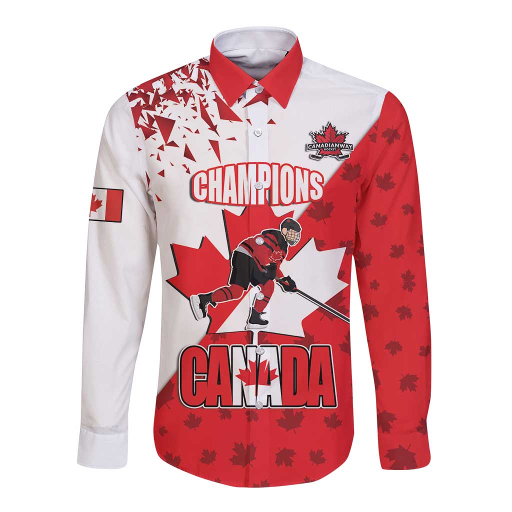 Red and white long sleeve button hockey shirt with Champions graphic and Canada patch