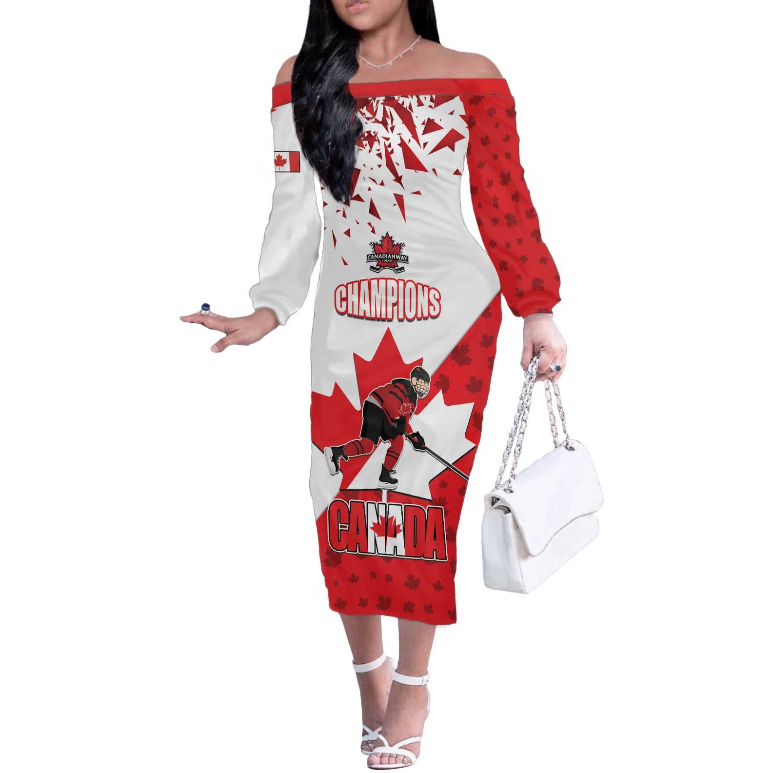 Custom Canada Ice Hockey Champions Forever Off The Shoulder Long Sleeve Dress Sporty Style