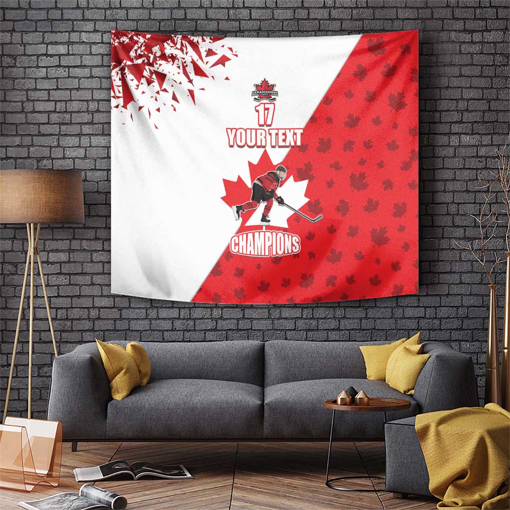 Red and white hockey champions tapestry with player graphic and customizable text