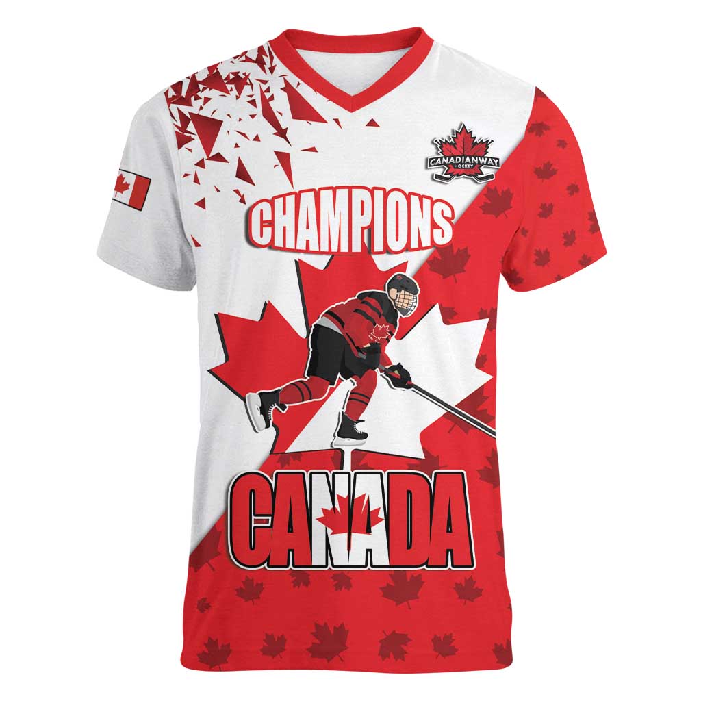 Custom Canada Ice Hockey Champions Forever Women V-Neck T-Shirt Sporty Style