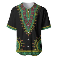 Black baseball jersey with green dashiki-style V yoke and button placket