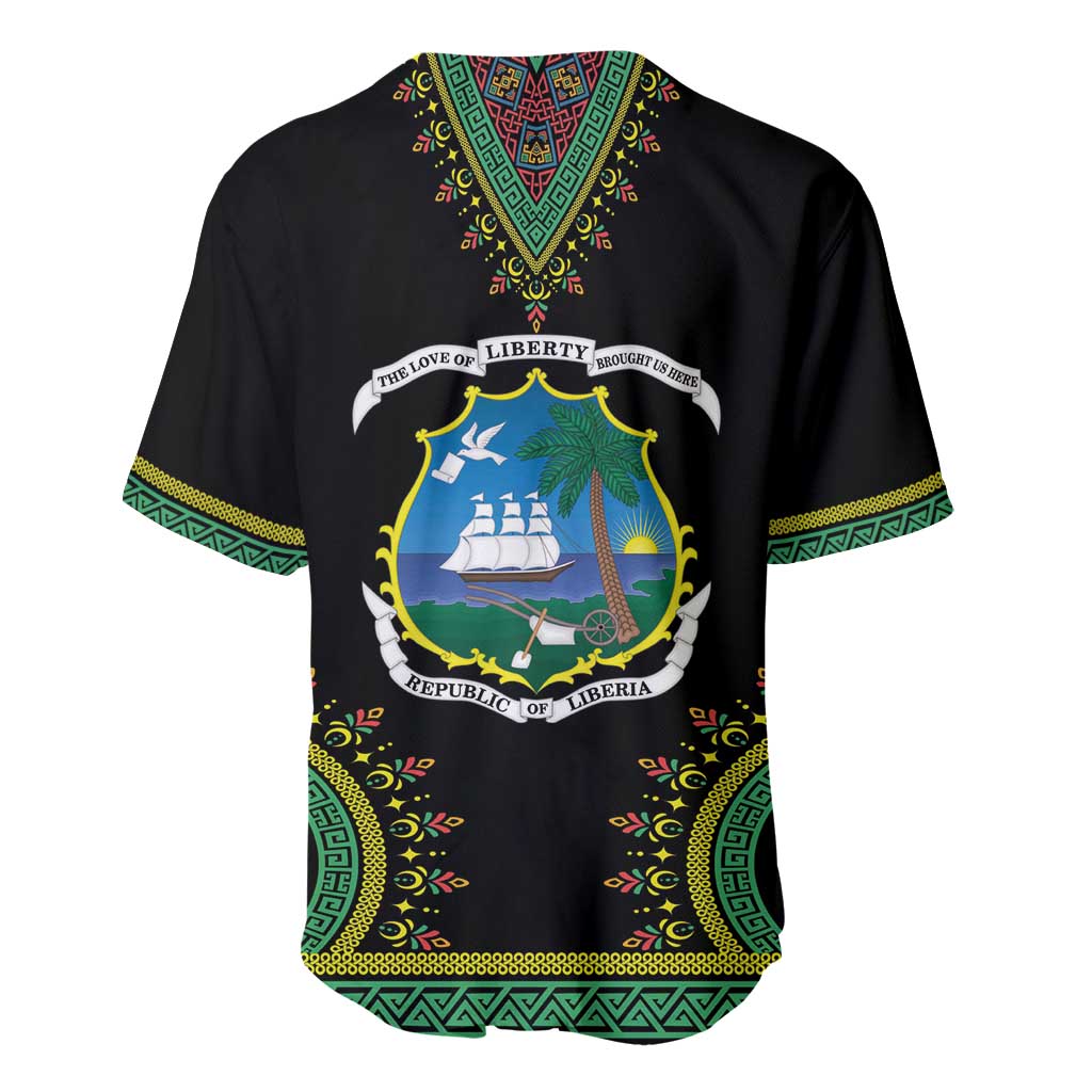 Black baseball jersey, back graphic Liberia coat of arms with palm and ship