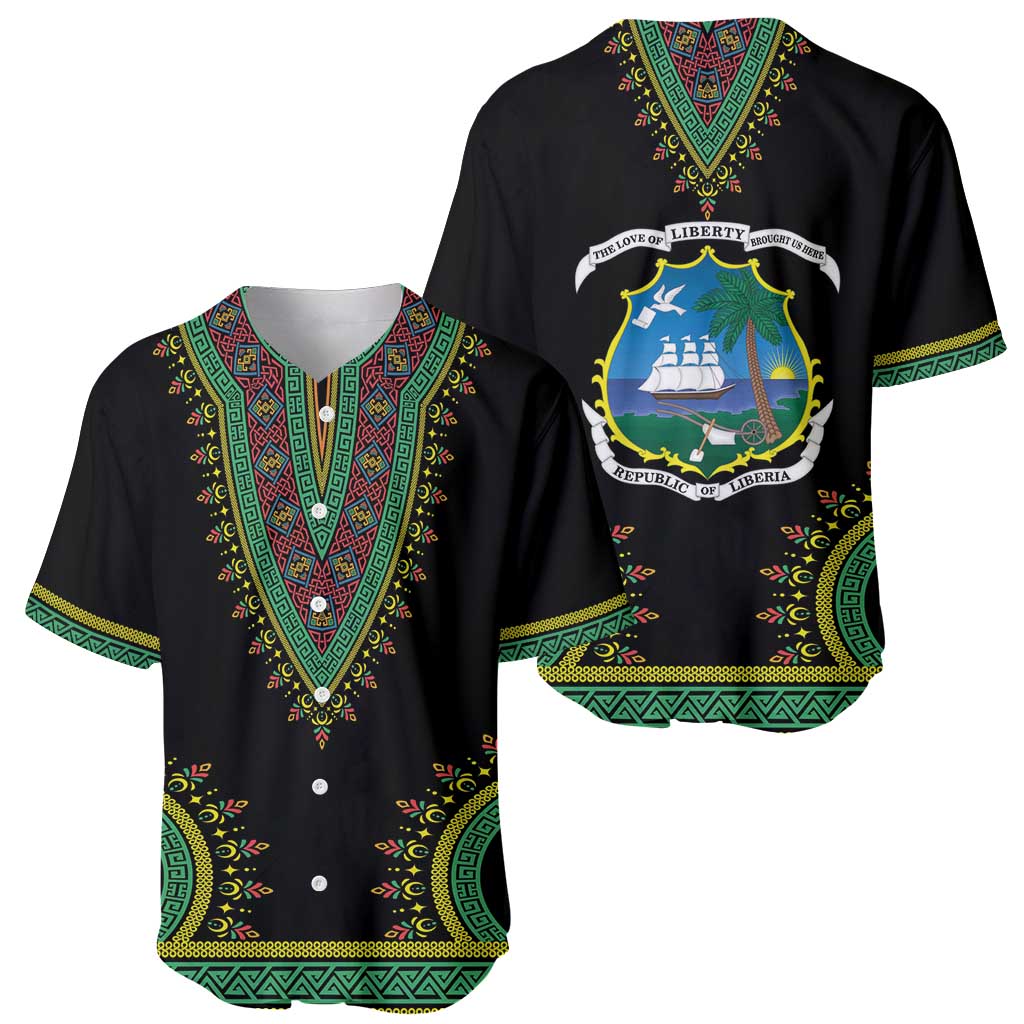 Black baseball jersey pair: front dashiki V yoke, back Liberia coat of arms