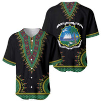 Black baseball jersey pair: front dashiki V yoke, back Liberia coat of arms