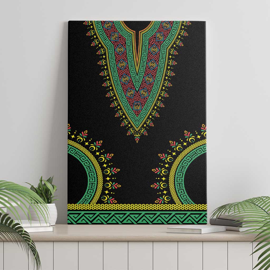 Black dashiki-style canvas wall art with teal V design and gold accents, framed
