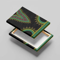 Black dashiki-style canvas wall art with teal and gold V pattern, angled view (unframed)