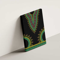 Black dashiki-style canvas wall art with teal V motif and gold detailing, framed side view