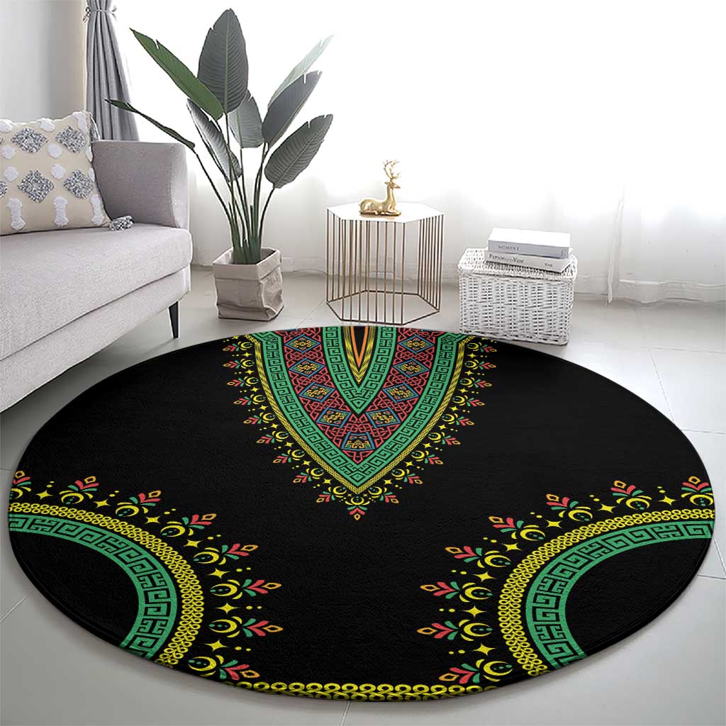 Black round carpet with green center V motif and yellow floral dashiki border