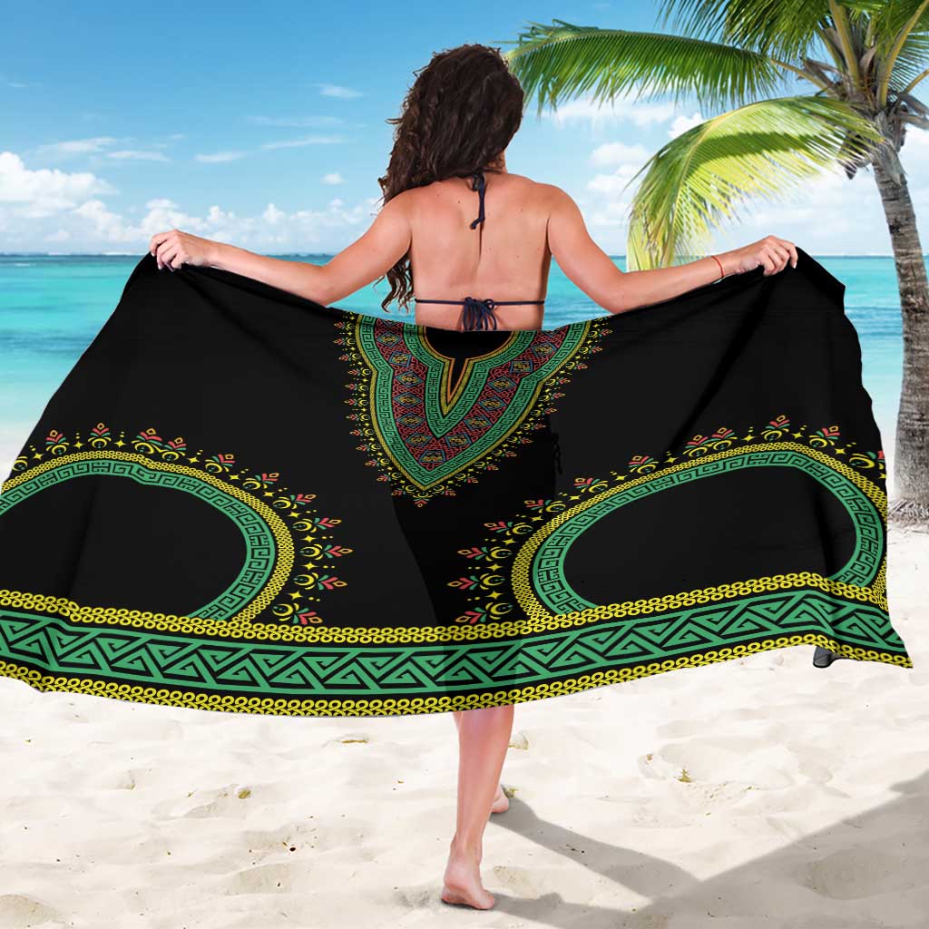 Black backless dashiki-style sarong with green geometric bands and circular motifs