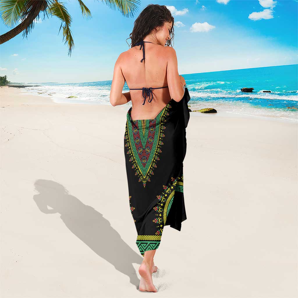 Black dashiki-style sarong with green V-center medallion and patterned hem