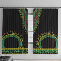 Black window curtains with colorful dashiki-style panels and large circular emblem motifs