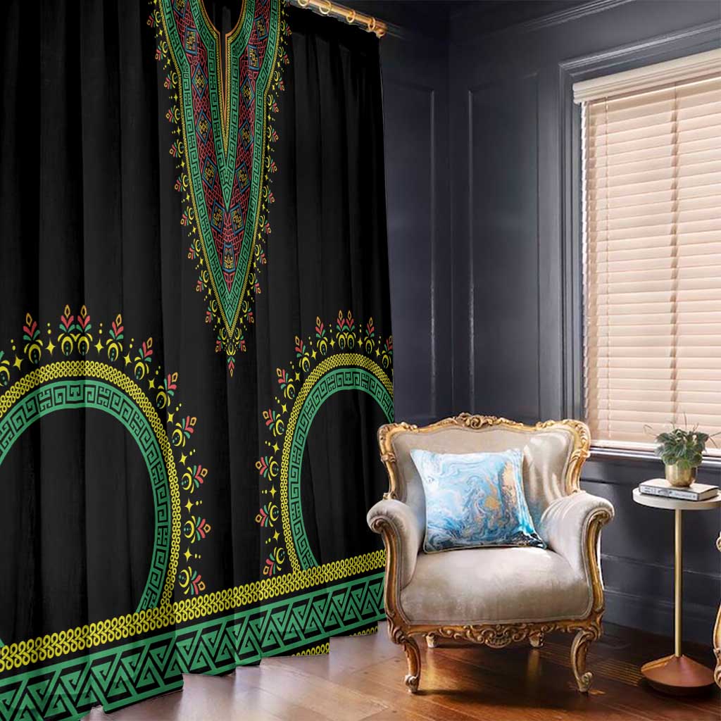 Black dashiki-style window curtain pair with green, yellow, and red border patterns