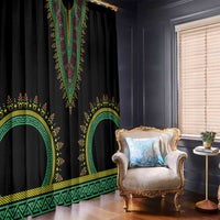 Black dashiki-style window curtain pair with green, yellow, and red border patterns