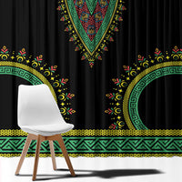 Black window curtain with ornate circular emblem, green border, and geometric trim