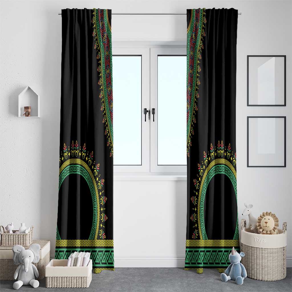 Black window curtain set with vertical dashiki-style bands and emblem artwork at bottom