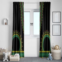 Black window curtain set with vertical dashiki-style bands and emblem artwork at bottom
