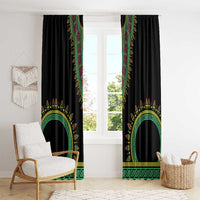 Black curtains with colorful patterned panel accents and matching emblem borders