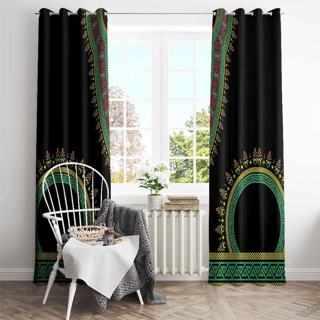 Black window curtains with colorful vertical trim and large circular emblem details
