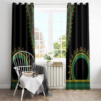 Black window curtains with colorful vertical trim and large circular emblem details