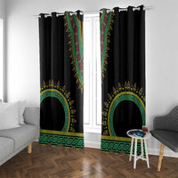 Black window curtain panels with colorful emblem arches and teal geometric bottom trim