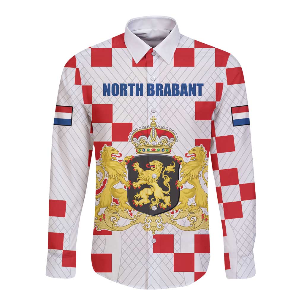 Red and white check long sleeve button shirt with North Brabant crest graphic