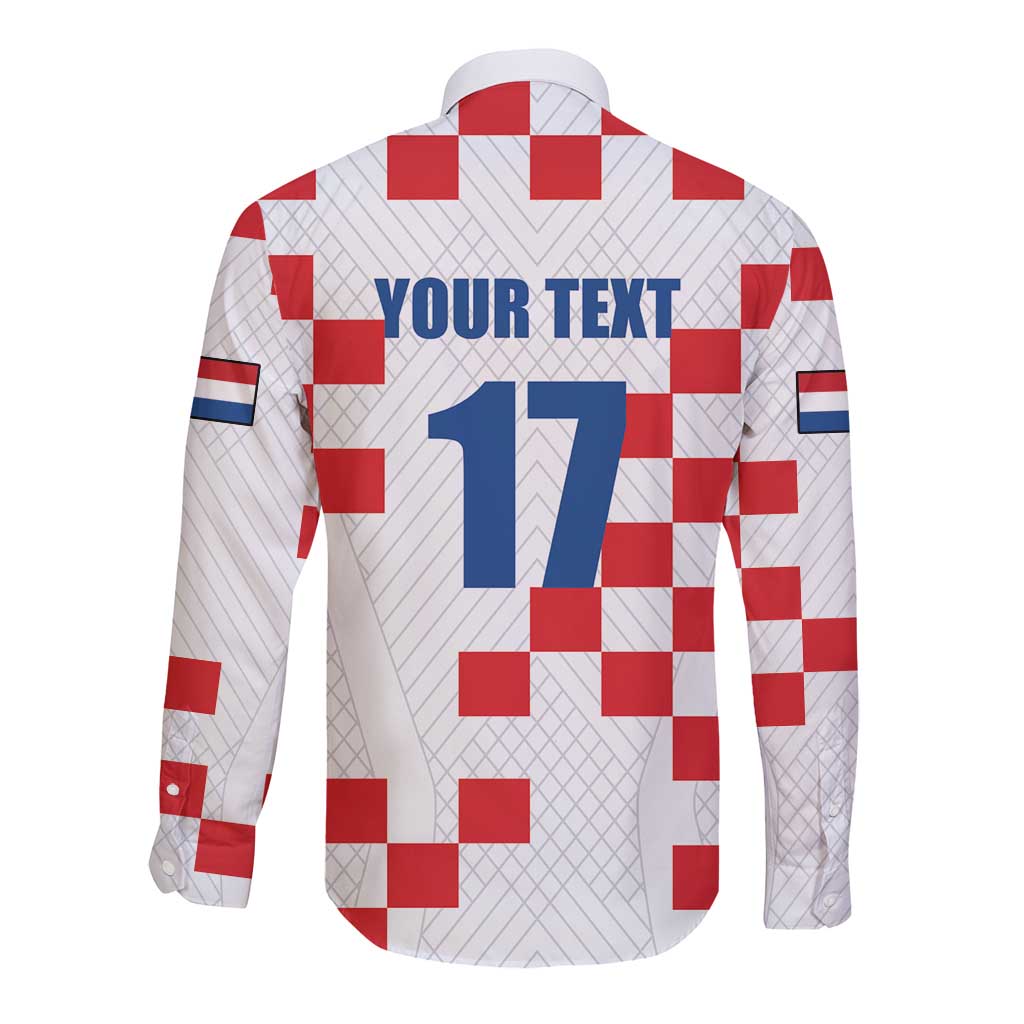 Red and white check long sleeve button shirt back with large 'YOUR TEXT 17'
