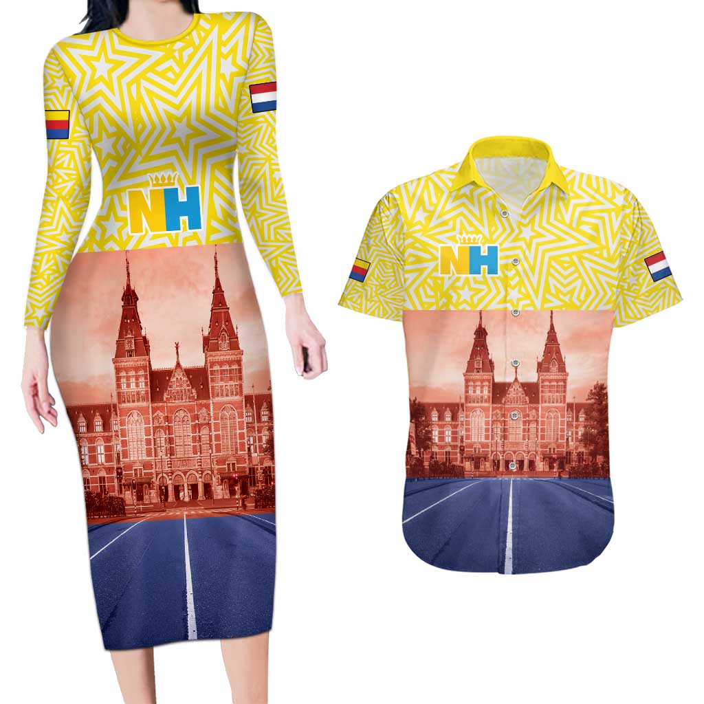 Netherlands North Holland Province Couples Matching Long Sleeve Bodycon Dress and Hawaiian Shirt Flag Style