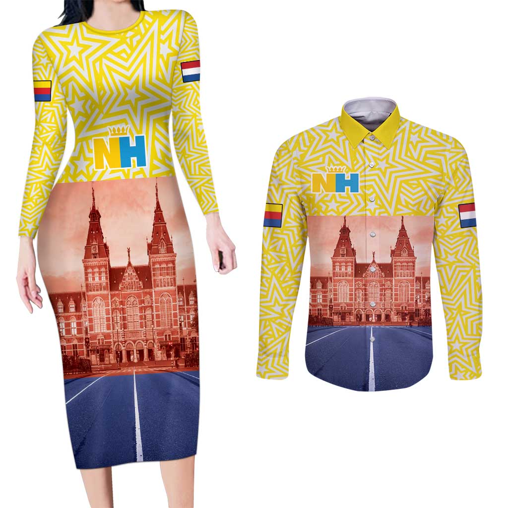 Netherlands North Holland Province Couples Matching Long Sleeve Bodycon Dress and Long Sleeve Button Shirt Flag Style